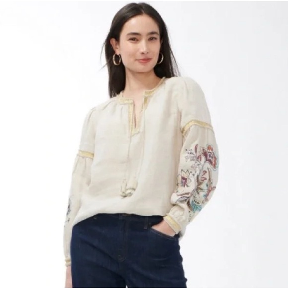 CHICOS 100% Linen Cream Puff Sleeve Embroidered Tunic Blouse Women’s Sz 14 Boho - Picture 1 of 11